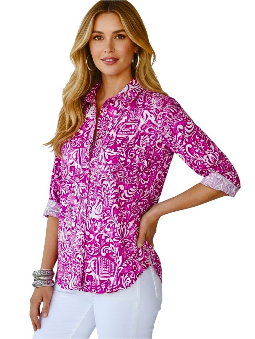Soft Surroundings Blouse Cherry Floral Relaxed Silhouette Button Up 3/4 Sleeve L